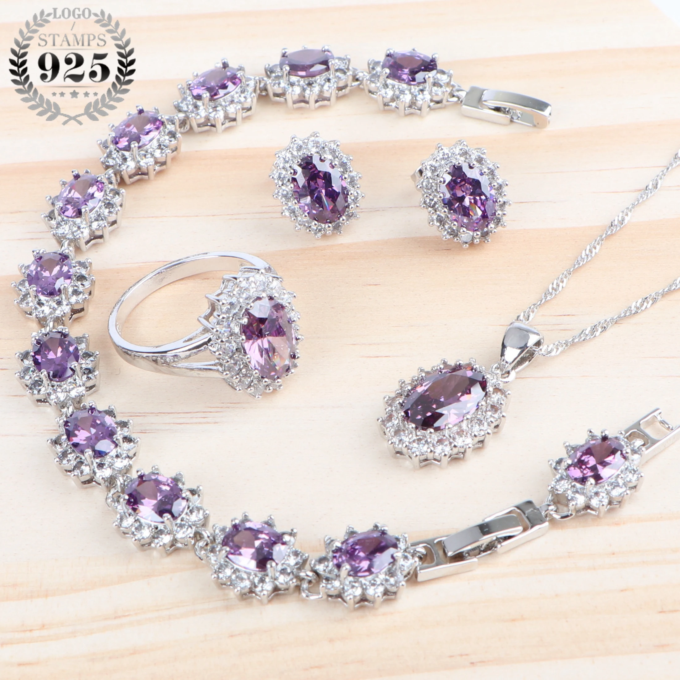 Женский комплект украшений свадебных из серебра 925 пробы с фиолетовым цирконием