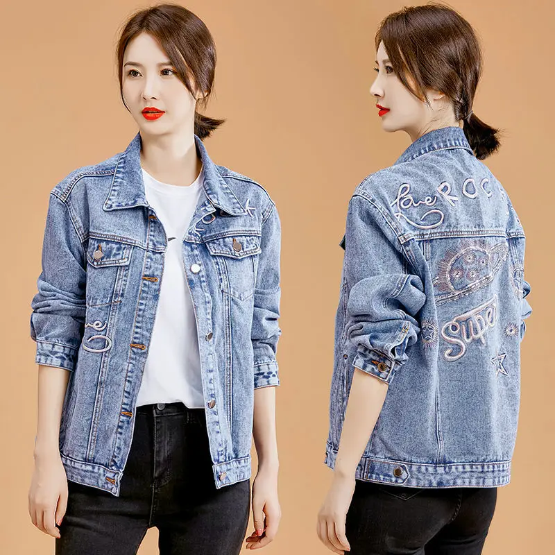 

Denim Jacket Female 2021 Spring Autumn New Korean Embroidere Letters Jeans Jacket FemmePlus Size 5XL Short Women Blouses Tops