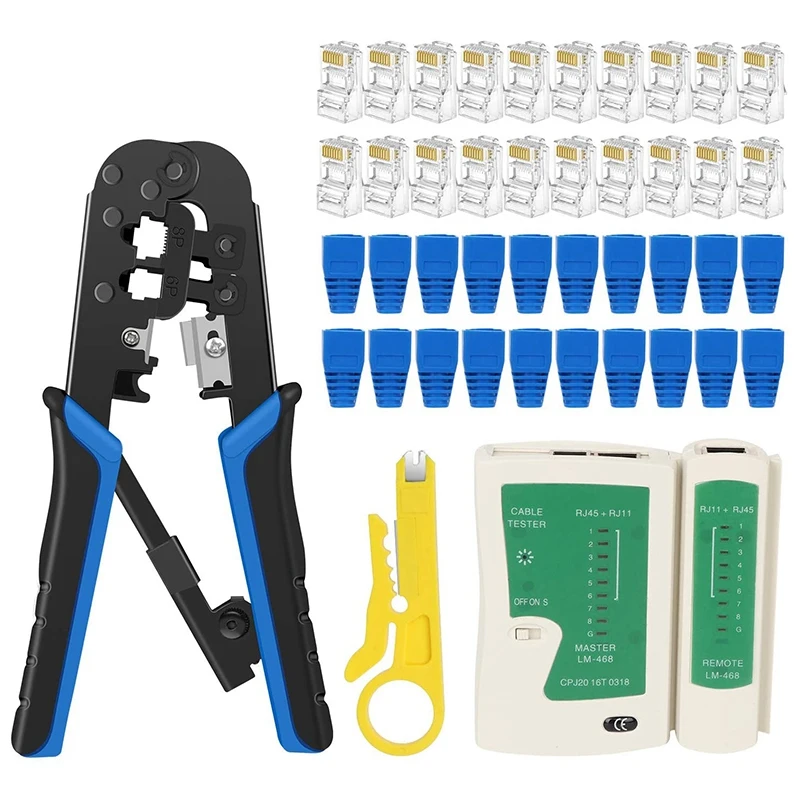 

RJ45 Crimping Tool, Cut, Strip Tool with Cable Tester, Cat5 Connectors,Covers,Network Wire Stripper