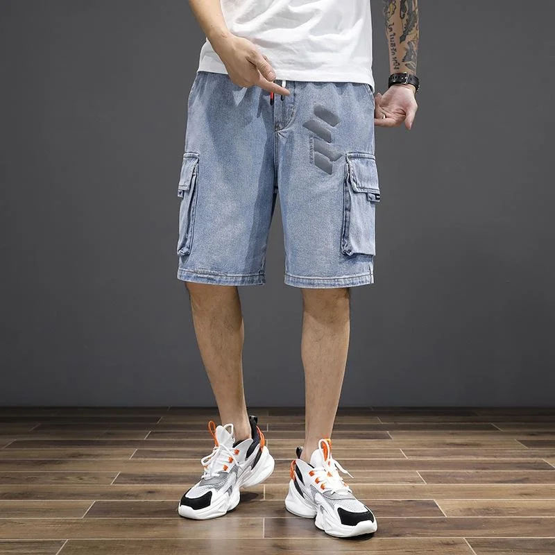 

Summer INS New Brand Mens Jeans Denim Shorts Cotton Cargo Shorts Big Pocket Loose Baggy Wide Leg Embroidery Bermuda Beach Boar