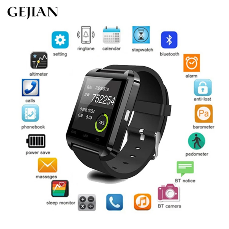 GEJIAN, новые Смарт-часы U8, Bluetooth, водонепроницаемые, цифровые, спортивные, шагомер, умные, для Apple, IOS, Android, телефон, мужские, женские часы