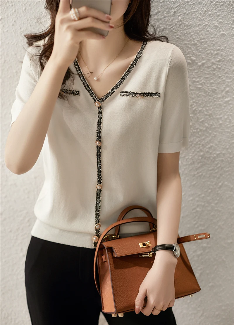 Свитер с коротким рукавом и V-образным вырезом карманом |