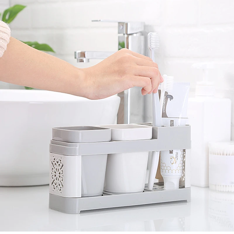 Toothbrush Holder Rack Stand Shelf Set Toothpaste Storage with 2 Mugs Bathroom |