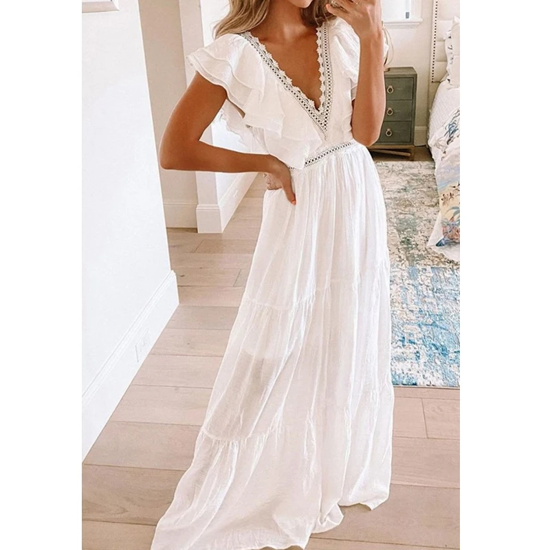 

Mandylandy Dress Summer Fashion V-neck High Waist Butterfly Sleeve Dress Women's Casual Solid Hollow Out Slim Dress