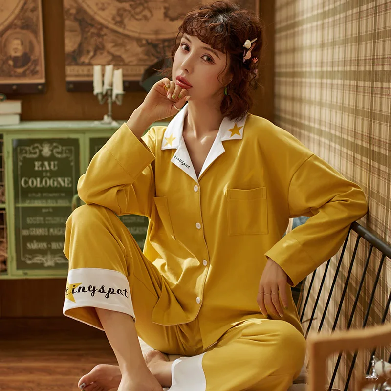 Весенне-осенний тонкий свободный Пижамный костюм из чистого хлопка желтого
