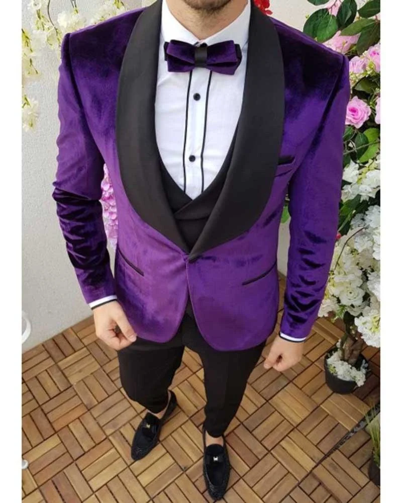 

Бархатный красивый фиолетовый брикет для курения, 3 штуки, облегающий свадебный смокинг для жениха, блейзер для выпускного вечера, мужской к...
