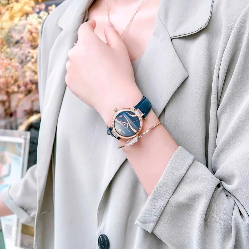 

New Reef Tiger/RT Luxury Genuine Blue Leather Strap Fashion Rose Case Watches Women Gold Waterproof Automatic RGA1589