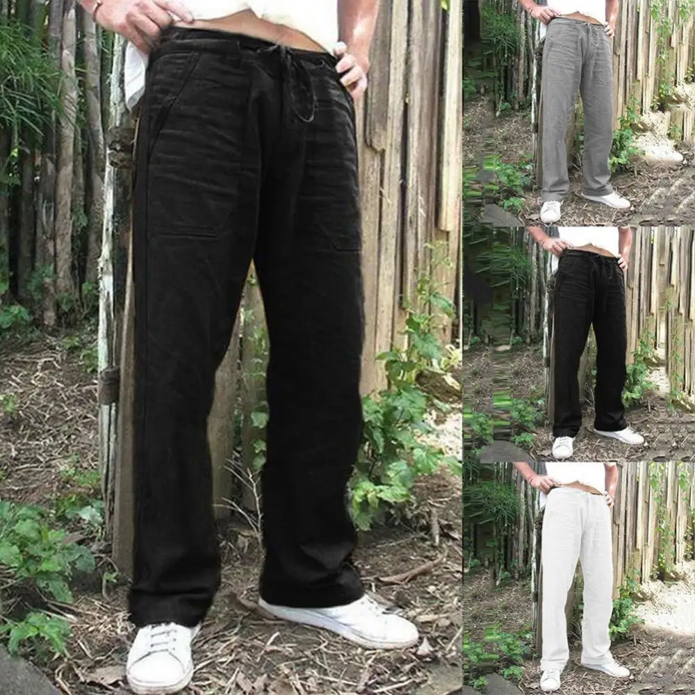 

Men Straight Trousers Men Polyester Trousers Summer Pants 3XL Casual Male Solid Elastic Waist Straight Loose Pants Plus Size 5XL