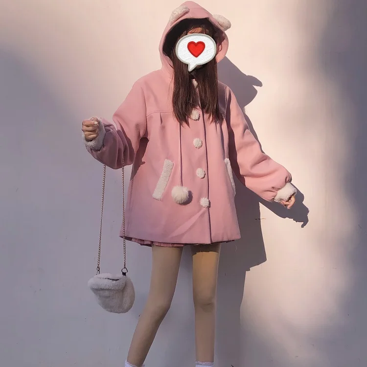 Japanese soft girl's lovely ears hooded loose cotton padded jacket for girls in autumn and winter 2019
