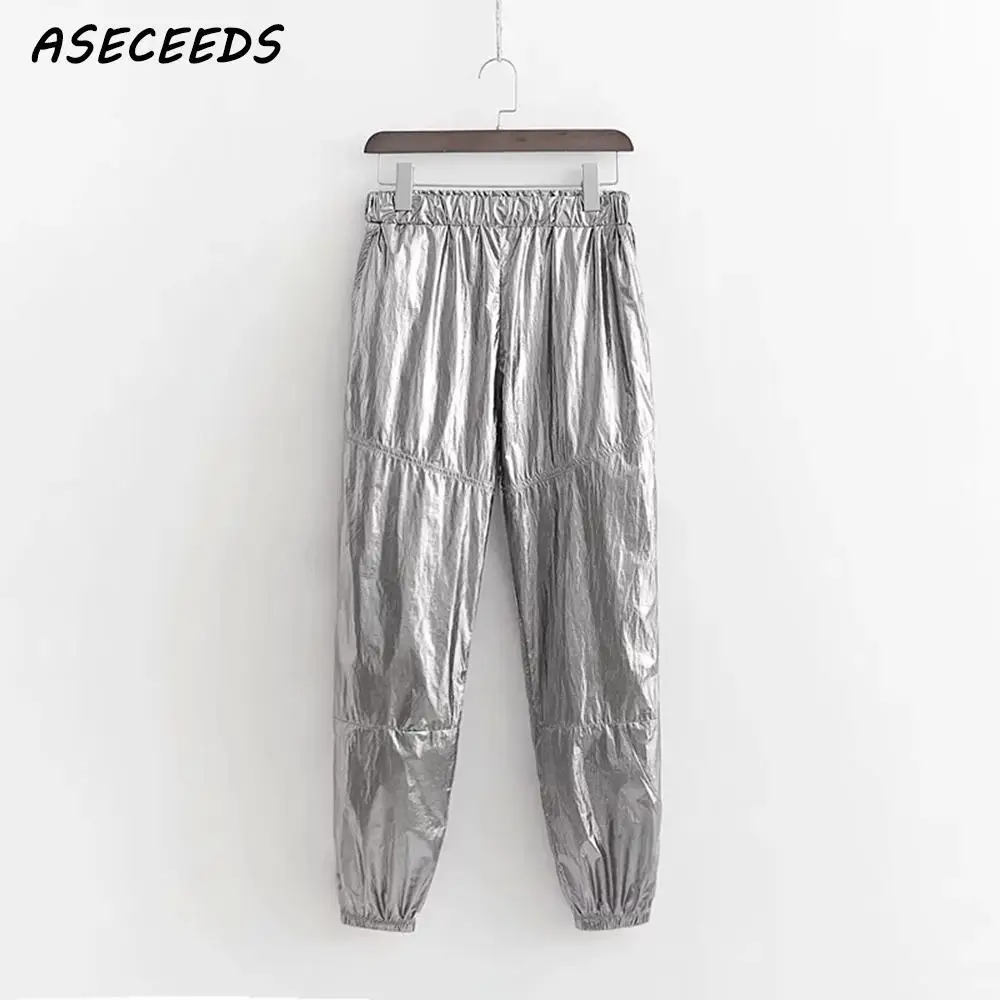 Женские спортивные штаны с высокой талией светоотражающие панк брюки женские
