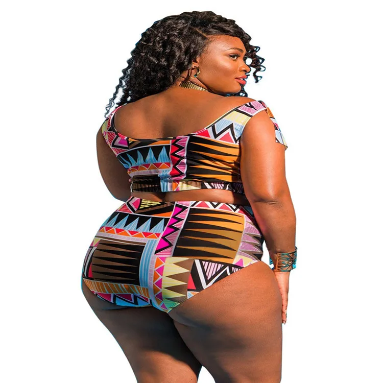 

New Swimwear Wholesale European and American Women's Large High Waist Printed Plus Size Bikini Multi-rope Swimset Drop Shiping