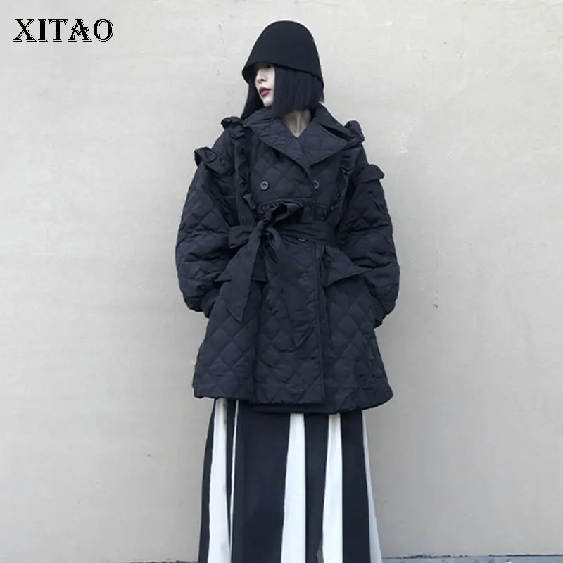 

XITAO Solid Color Double Breasted Bandage Ruffles Parka 2021 Autumn New Casual Fashion Self-cultivation Show Thin LDS0184