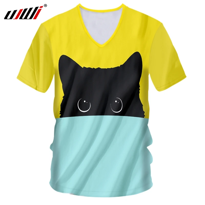 

Футболка UJWI с V-образным вырезом для женщин/мужчин, крутая с принтом желтого, синего, милого кота, 3D футболка, унисекс, хип-хоп, уличная одежда ...