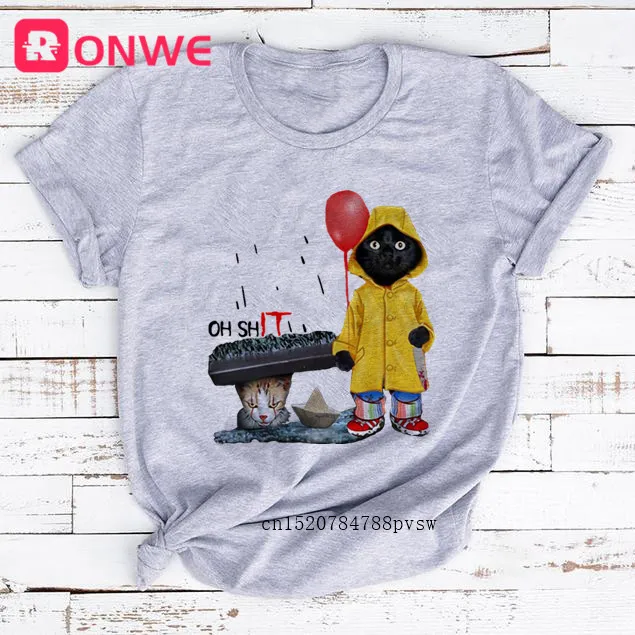 Women Funny Black Cat Print Tshirt Girl Harajuku Casual White Top Tees Female 90s Clothes Drop Shipping | Женская одежда