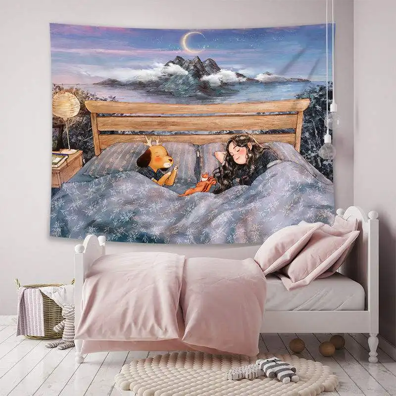 Ins Girl and Dog Background Cloth Wall Hanging Tapestry Hand-painted Dorm Room Girls Bedroom Dormitory Decor | Дом и сад