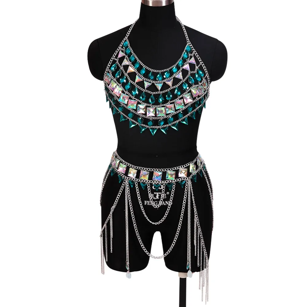 Boho 1 комплект, металлическая цепочка, бюстгальтер на бретельках для тела, кристалл, нагрудный ремень, украшение с зажимом, блестки, клетчатый Топ, плюс размер, женская одежда в стиле рейв на Хэллоуин