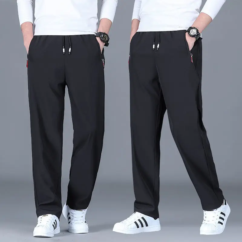 

2021 Summer Ice Thin Men's Fashion All Kinds of Street Style Straight Tube Elastic Waist Loose Oversized Leisure Sports Trousers
