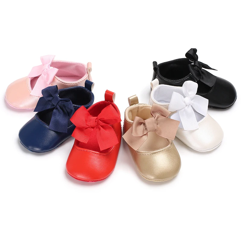 

Toddler Infant Newborn Baby Girls First Walkers Sneakers Bow Non-slip Crib Bow Shoes Soft Sole Party Prewalkers PU Shoes 0-18M