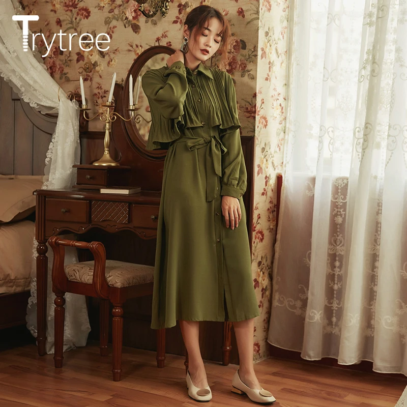 Trytree 2019 Осень Зима Женское Повседневное платье с отложным воротником однобортное