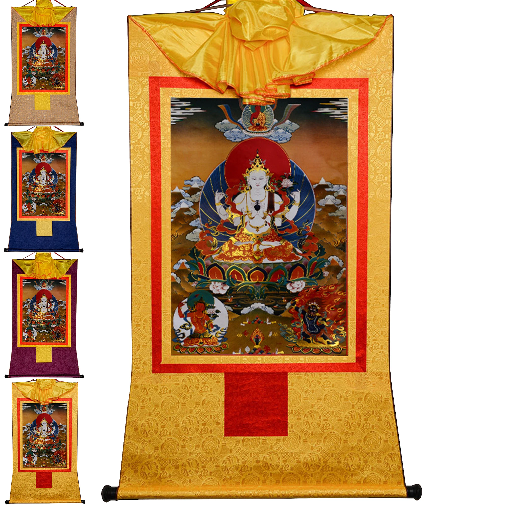 

Gandhanra Tibetan Thangka Painting Art,Chenrezig Four Armed Padmapani,Avalokitesvara,Buddhist Tapestry Wall Art with Scroll
