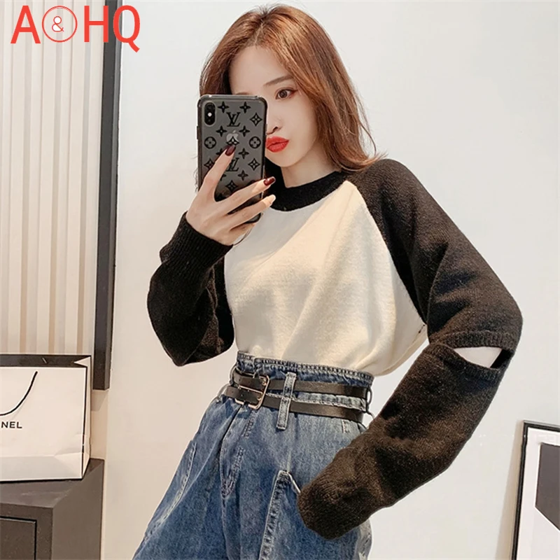 

Sweater Women's Simple Casual Loose Long Sleeve Autumn 2021 New Raglan Contrasting Color Stitching Knitted Bottoming Shirt