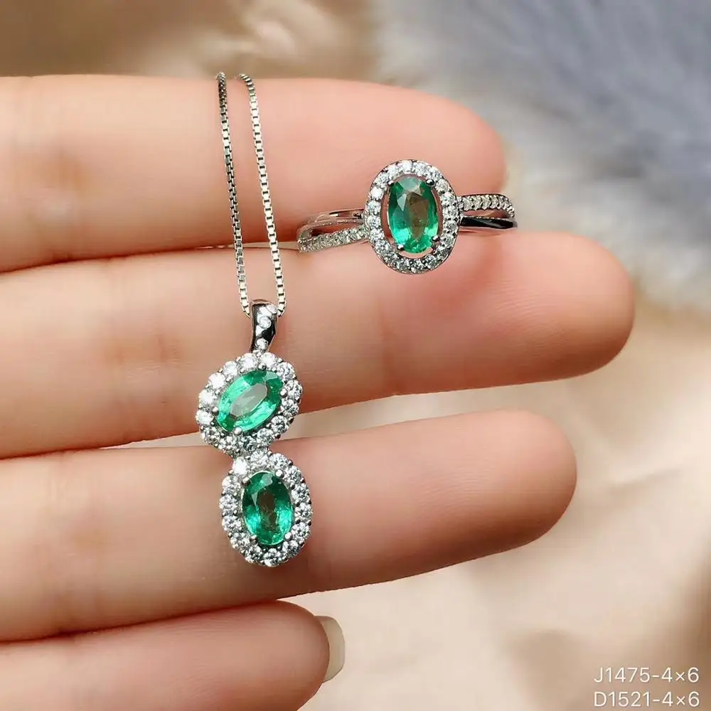 

ancient Classic round strand Natural green emerald Ring Necklace Natural Gemstone Jewelry Set 925 Silver Women party jewelry