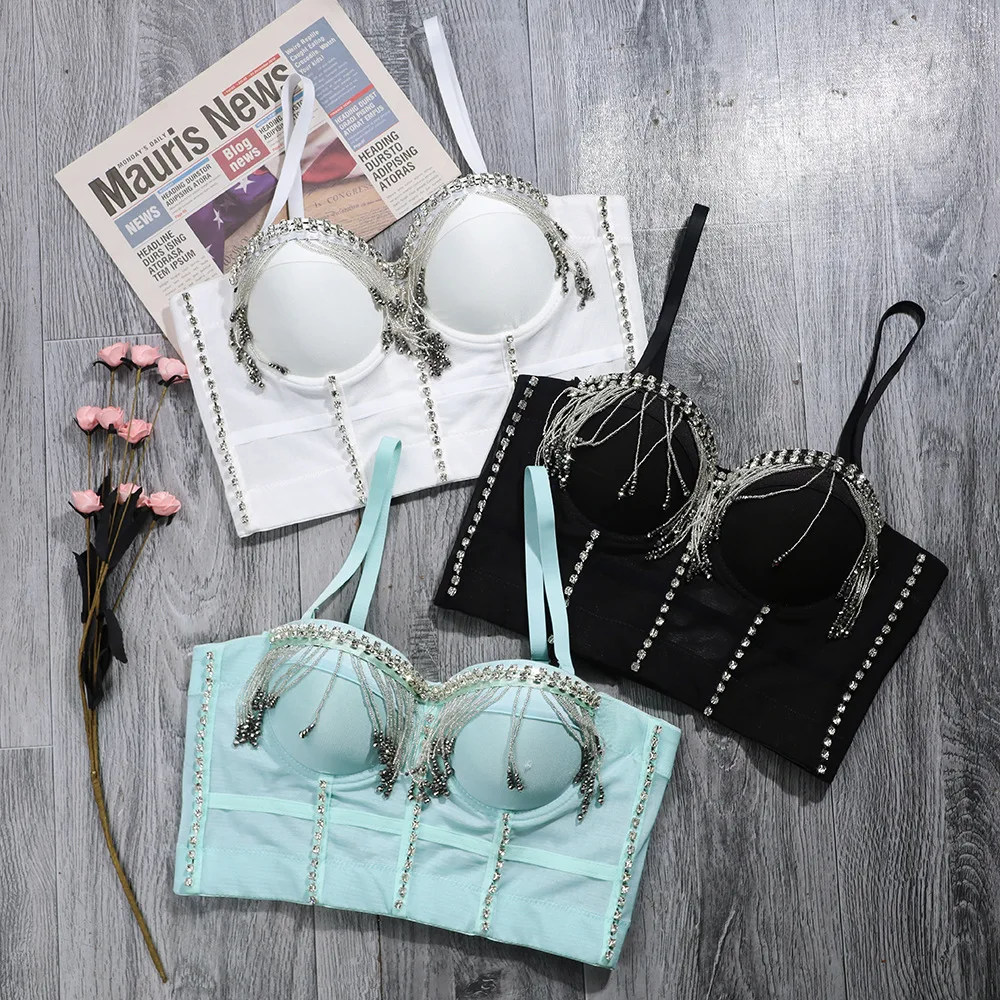 A1007 Dance Tassel Costume Nightclub Hot Girl Fishbone Catwalk Camisole Plain Body Bustier Corset Bra Crop Tops | Женская одежда