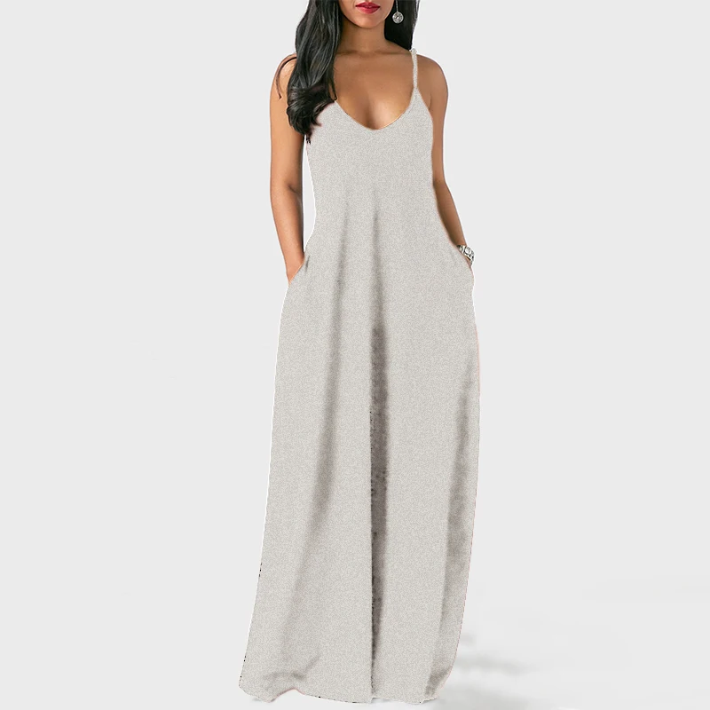 

Women Summer Long Dress Sexy Loose Spaghetti Strap Pockets Maxi Dresses Casual Plus Size Sleeveless Solid Beach Dress Vestidos