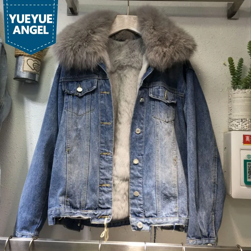 Женская джинсовая куртка однобортная Повседневная с меховым воротником на
