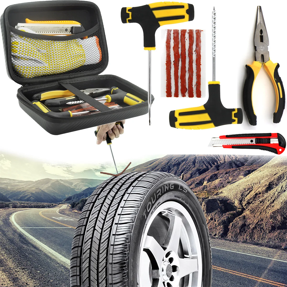 

Car Tire Repair Tool Kit with EVA Storage Bag Garage Studding Tubeless Tyre Puncture Plug Set Auto Motorcycle RV Trunk Pickup