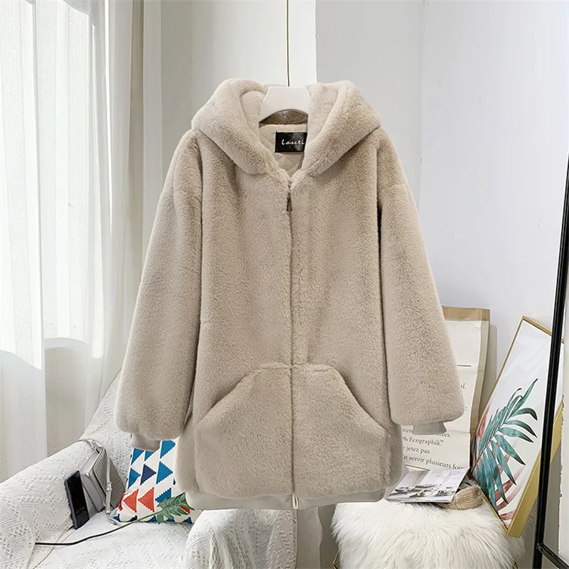 

Faux Fur Warm Coat Furry Outwear Women Winter Coat Turn-down Collar Pocket zipper Casual Outerwear Hairy Overcoat M16