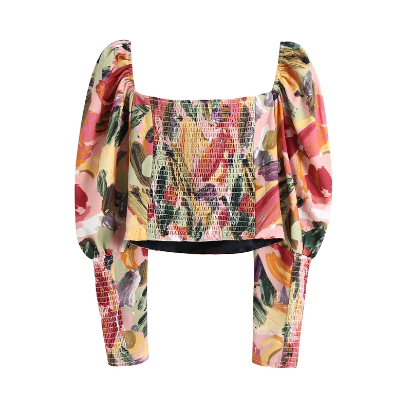 

Summer women's casual flower print slim short shirt
