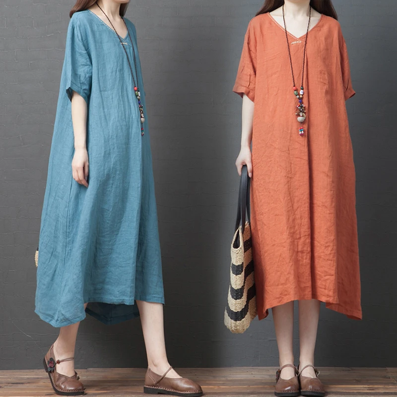 Из хлопка и льна с короткими рукавами летнее платье художественный Ретро