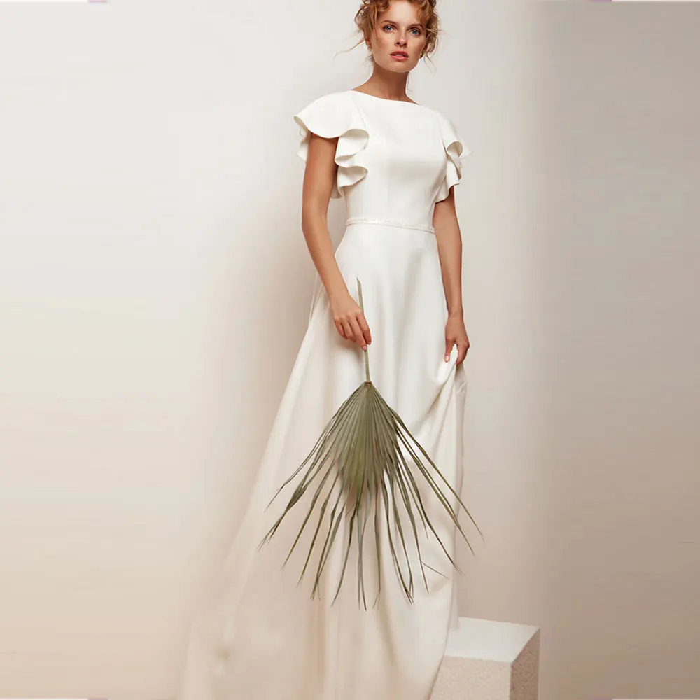 A Line Wedding Flutter Sleeves Satin Bridal Gowns White For Women Custom Made 2021 Simple Elegant Plus Size Backless  Robe De