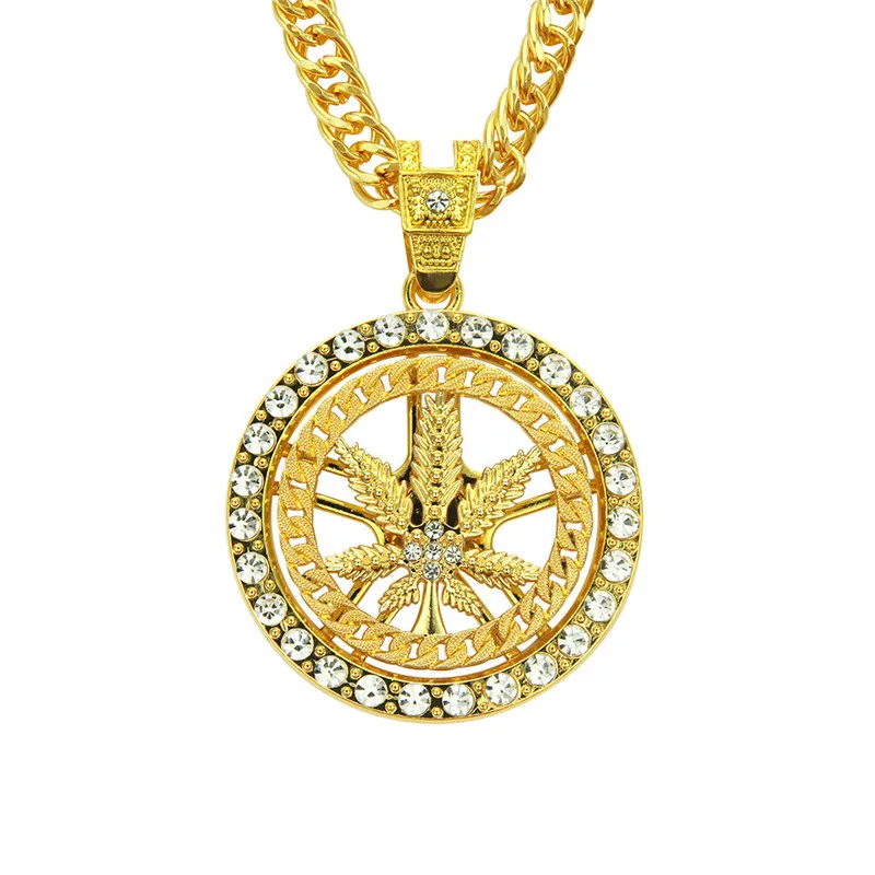 

Men Hip Hop Iced Out Bling Maple Hemp Leaf Pendant Necklaces Rotatable Fashion Popular Charm Necklace Hiphop Jewelry Gifts