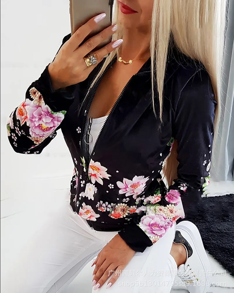 Spot 2021 Black Printed Long-sleeved Zipper Jacket