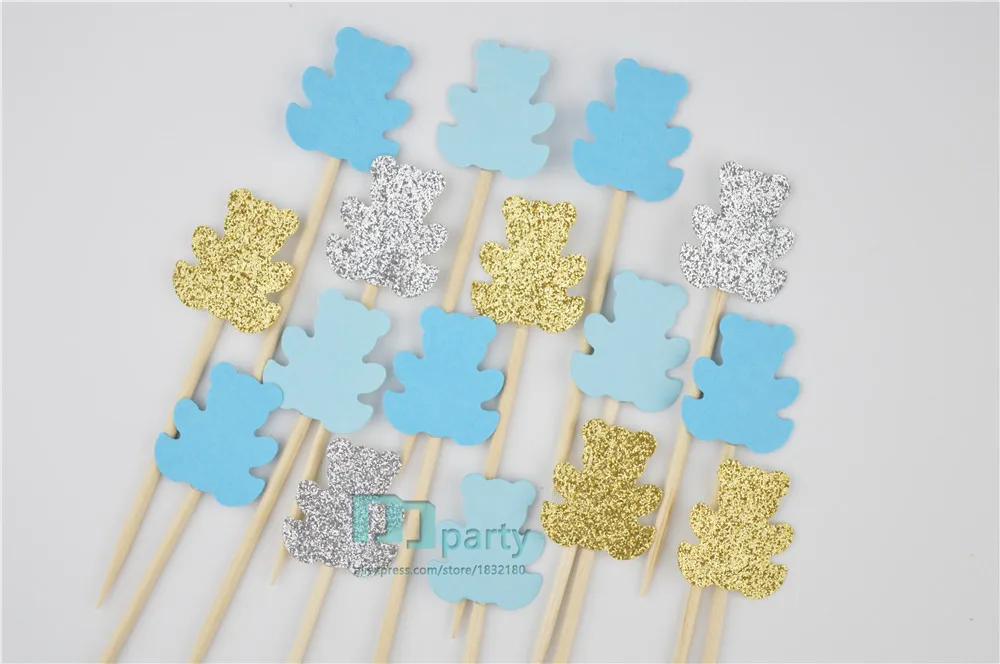 40 шт. медвежьих капкейков Детские топперы для душа синие бирки детского