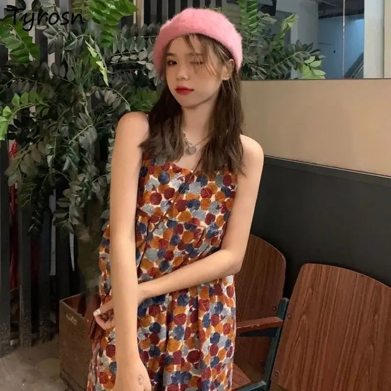 

Women Sleeveless Dress Printed Vintage Loose Summer Spaghetti Strap Elegant Vacation Vestidos Korean Style Streetwear All-match