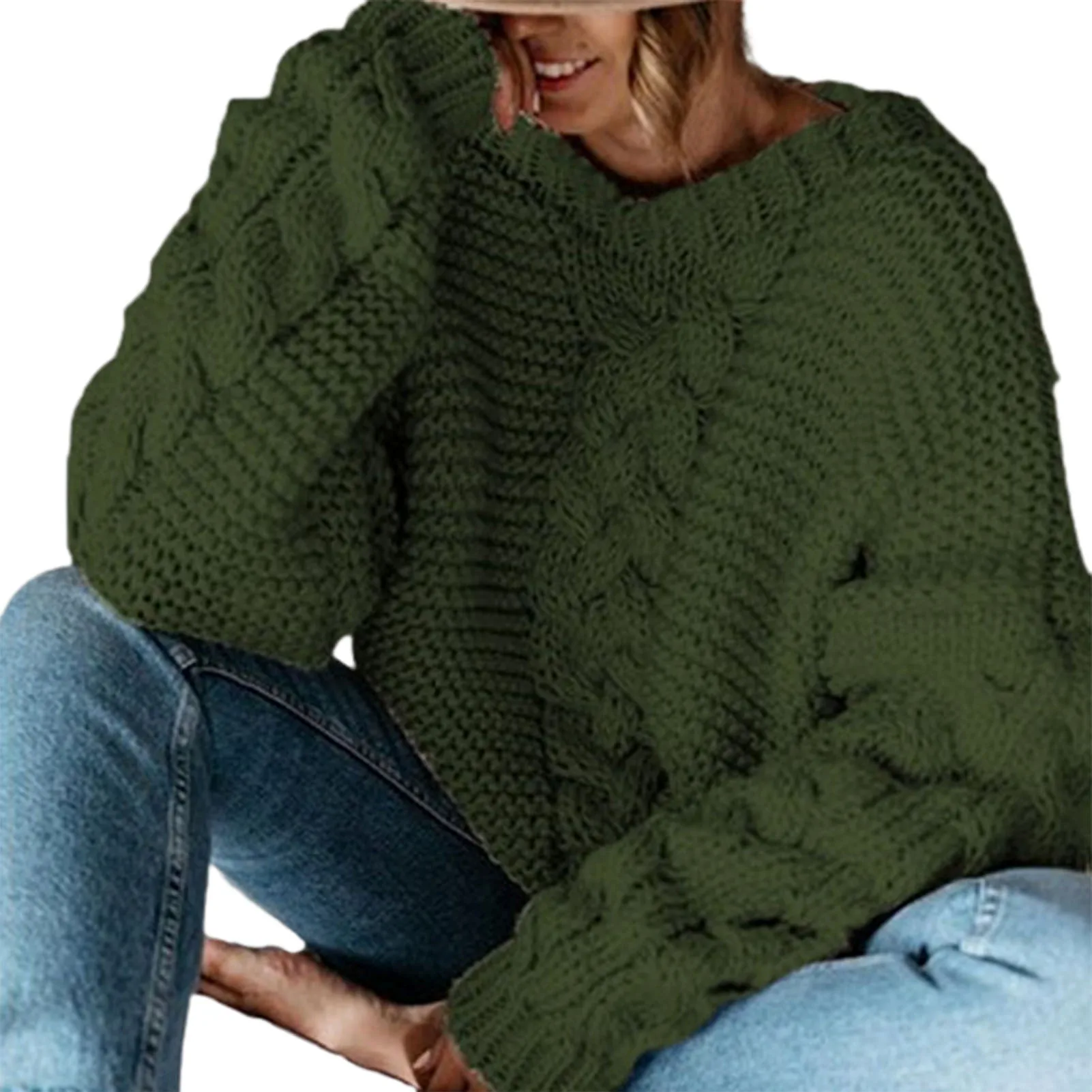 Женский вязаный свитер с V-образным вырезом однотонный Повседневный Свободный