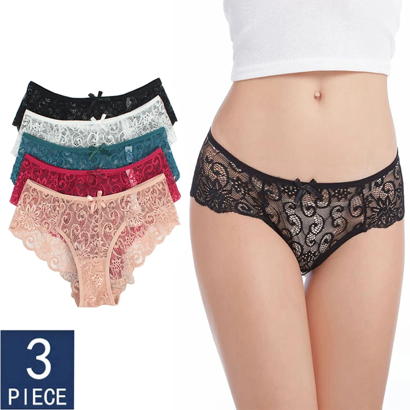 

Elovegirl 3 pcs.Breathable Cotton Low Waist Briefs Sexy Lace Brief Women Briefs Transparent Underwear Ladies Hollow Out Panty