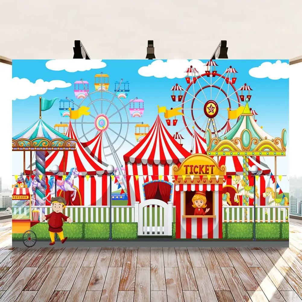 

Children Playground Ferris Wheel Decoration Theme Party Backdrops Blue Sky Ticket Office Kids Birthday Photo Backgrounds