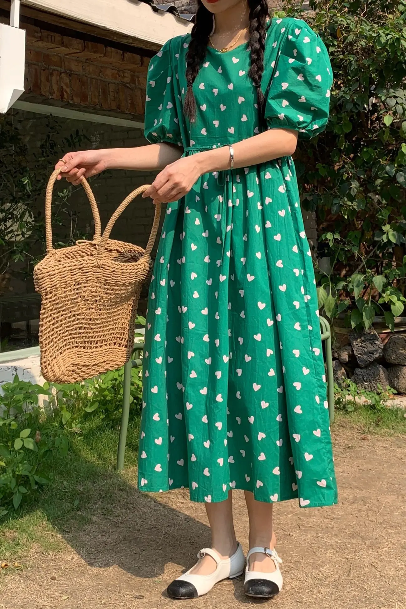 

COIGARSAM Korea Style Print Women Long dress Vintage Loose Puff Sleeve O-Neck Dresses Green 3592