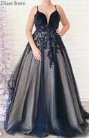 black prom dress a line sweep train spaghetti straps v neck appliques sexy backless tulle evening dress %d0%bf%d0%bb%d0%b0%d1%82%d1%8c%d1%8f %d0%b7%d0%bd%d0%b0%d0%bc%d0%b5%d0%bd%d0%b8%d1%82%d0%be%d1%81%d1%82%d0%b5%d0%b9