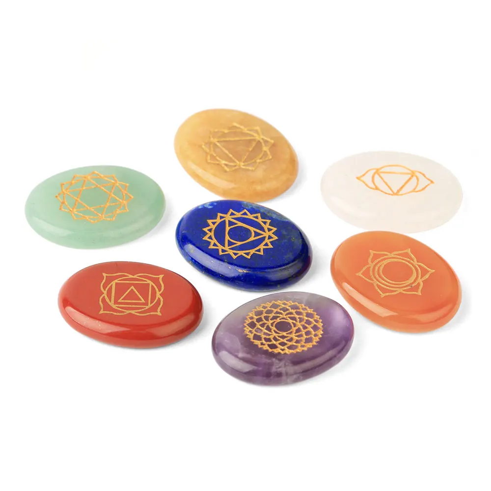 

7pcs/set 7 Chakra Symbol Engraved Set 100% Natural Gems Stones Crystal Quartz Feng Shui Decor Reiki Spiritual Balancing
