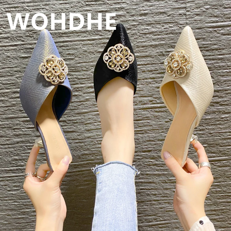 

WOHDHE Women Mules Shoes 2021 Crystal Floral PU Leather Slip Thin Heels High 6cm Comfortable Beauty Mature Snug Shoes 2021 New