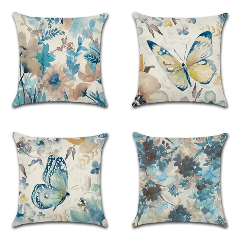 

45x45cm/18x18inch Flower Butterfly Pattern Cushions Cover Blue Pillowcase Linen Cushion Cover Throw Pillow Case Sofa Decoration