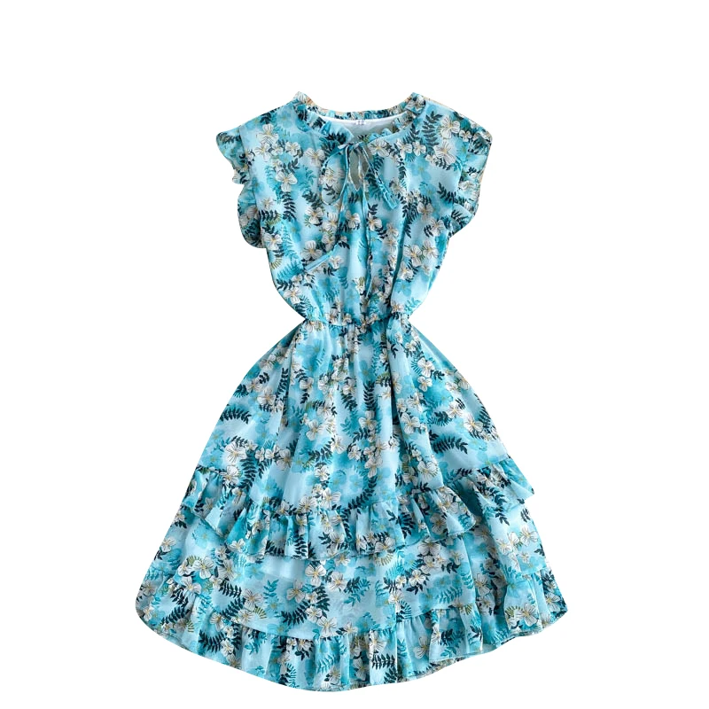 

Vintage Floral print mini beach dress female summer new style sweet ruffles sleeveless vest short chiffon holiday dress womens