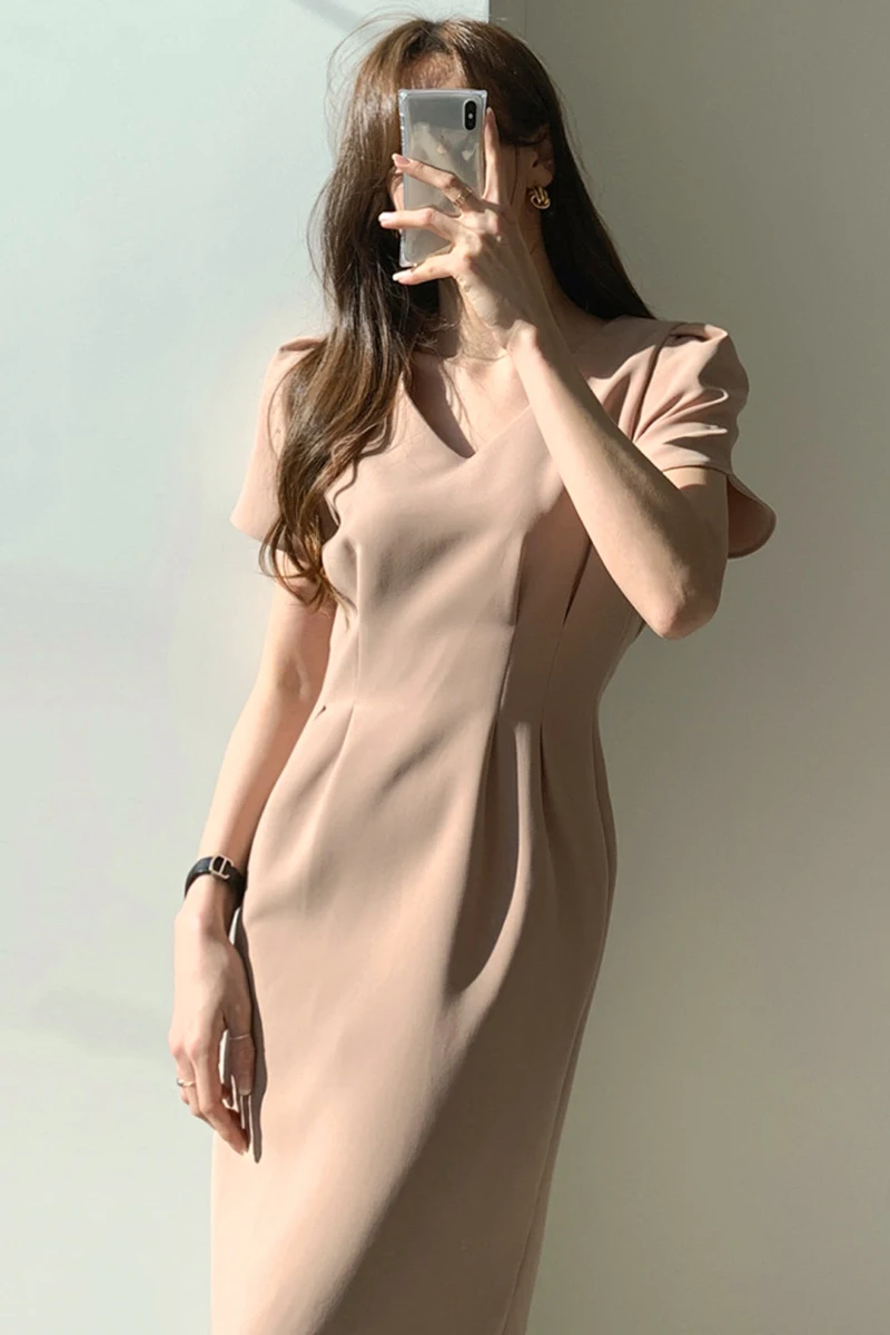 

Women Korean Chic Women Dress Short Sleeve Casual V-Neck Elegant Office Lady Dresses 2021 New Slim Waist Robe Vestidos Mujer
