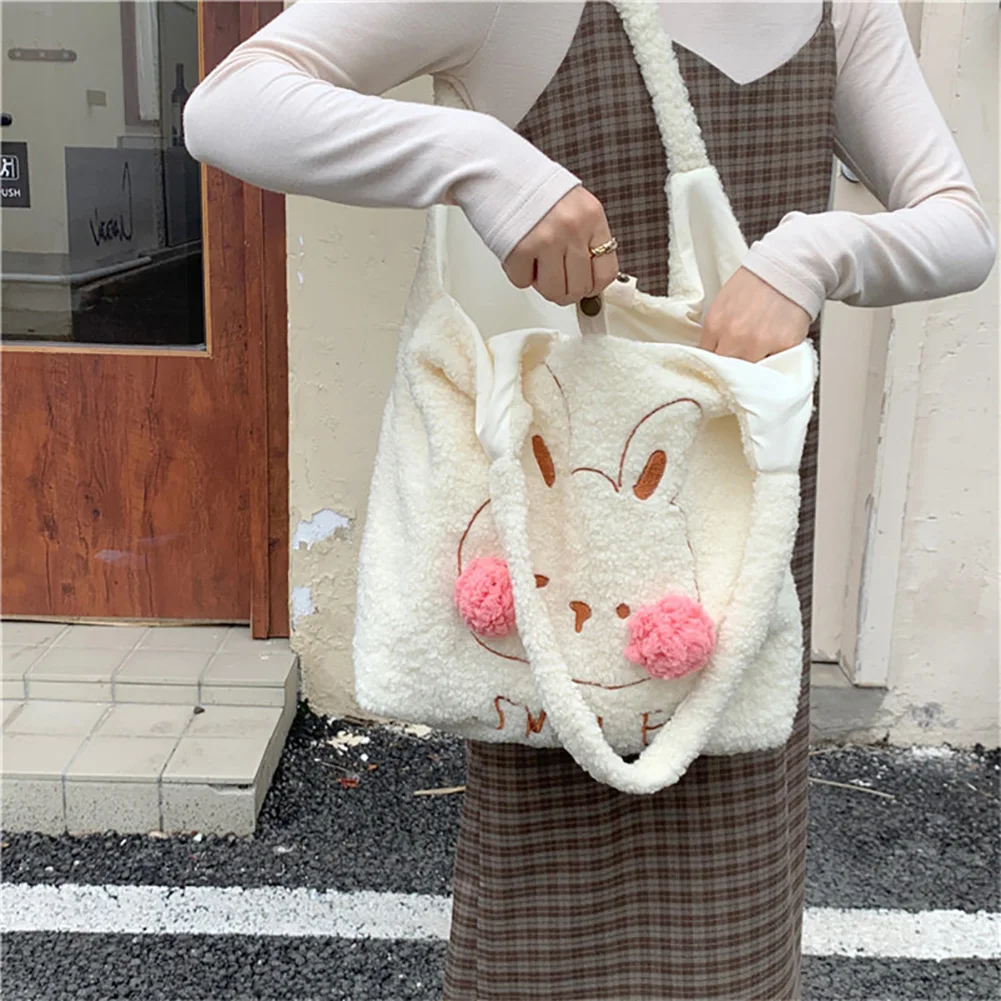 

Women Winter Soft Plush Bag Cute Cartoon Rabbit Bear Print Shoulder Bags Female Fluffy Bucket Bags 2021 Large Capacity Tote Bags