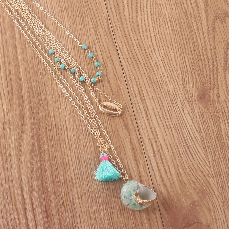 Модное богемное многослойное зеленое ожерелье с подвеской в виде ракушки для